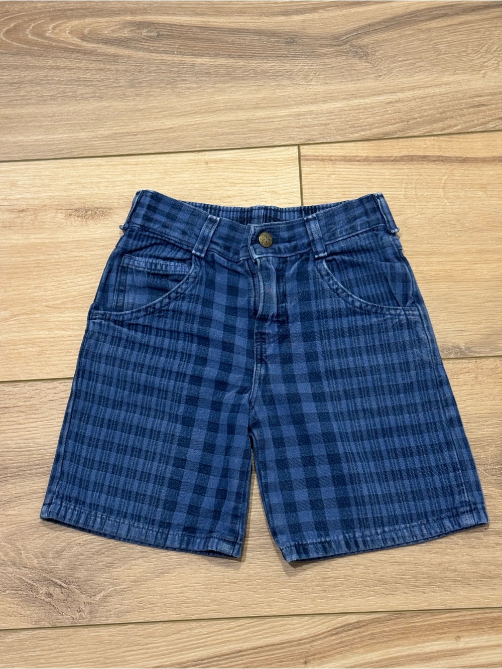 Kids Vintage OshKosh Blue Plaid Denim Shorts 90s